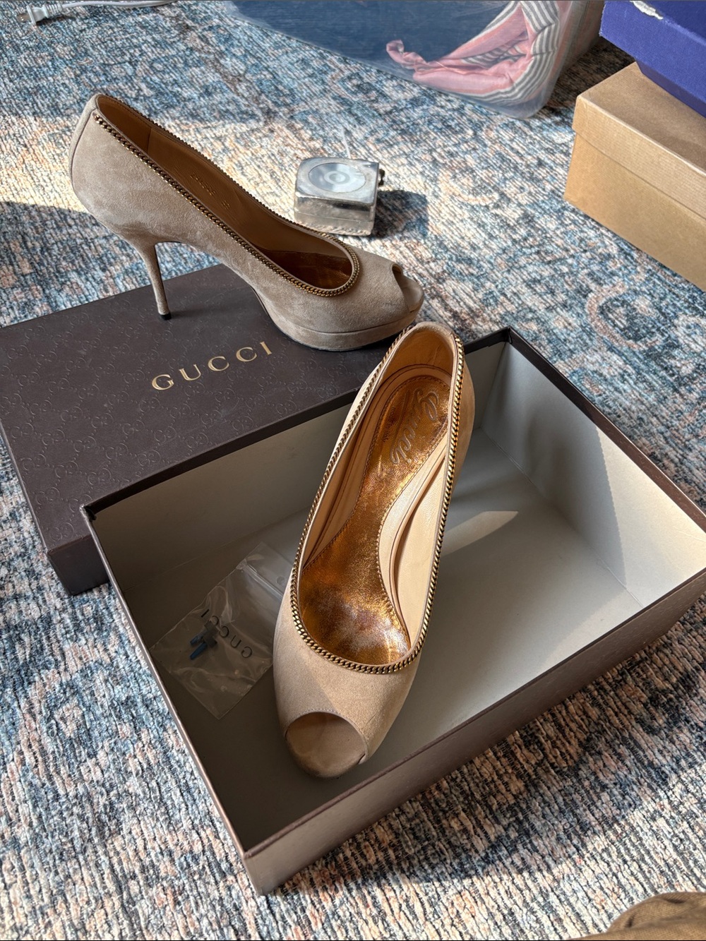 Gucci Taupe Suede Peep-Toe Chain-Trim Pumps